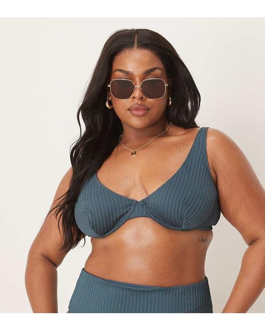 ASOS Blue Asos Design Curve Riddy Rib Underwired Bikini Top