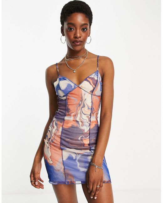 Bershka Marble Print Mesh Cami Dress in 