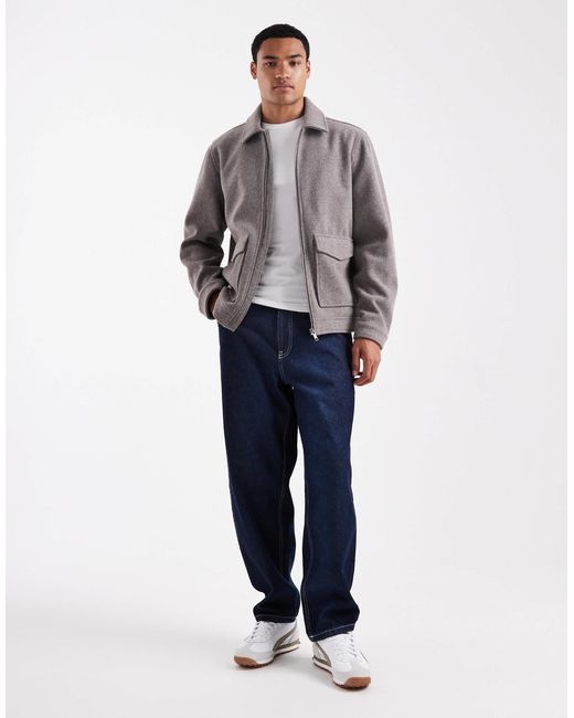 Threadbare Gray Wool Look Jacket With Collar And Zip Front for men