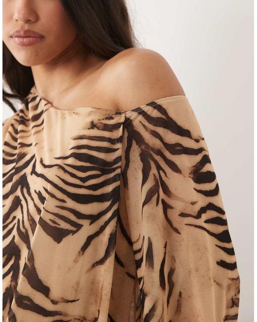 ASOS Brown Printed Stretch Chiffon Slouchy Mini Dress With Extreme Blouson Sleeve