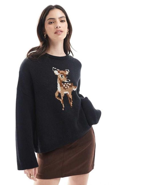 Miss Selfridge Blue Knitted Baby Deer Jumper