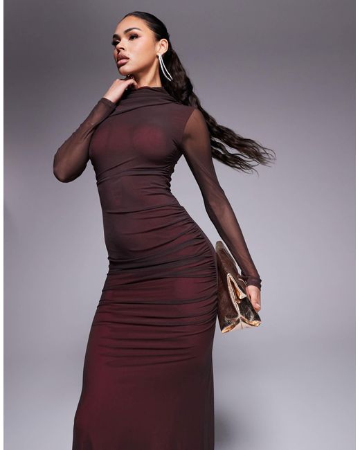 ASOS Long Sleeve Ruched Mesh Maxi Dress With Contrast Lining in Purple ...