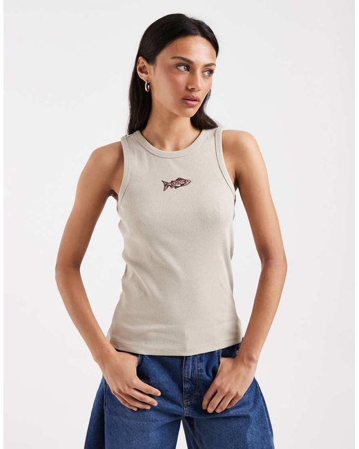Pieces Gray Fish Embroidered Cotton Tank Top