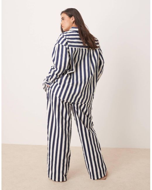 Curve - pantalon d'ensemble à enfiler en aspect lin rayé - bleu marine ASOS en coloris White