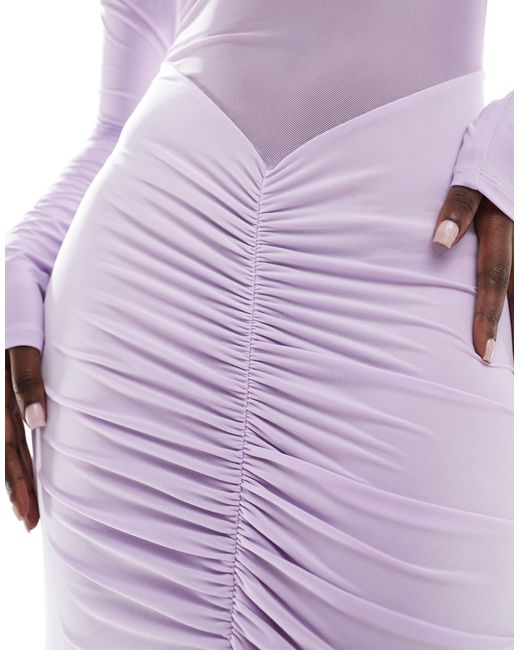 ASOS Purple Long Sleeve Ruched Maxi Dress With Mesh Panel