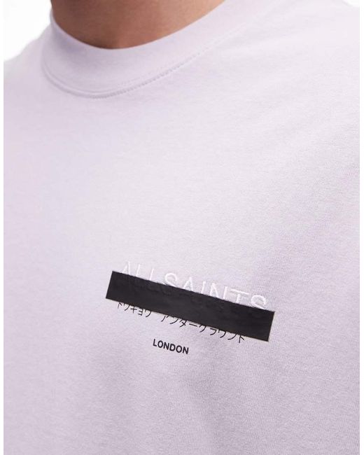 AllSaints Purple Redact Oversized Embroidered Logo T-shirt With Back Print for men