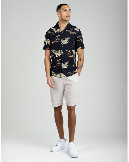 French Connection Blue Bird Print Short Sleeve Revere Collar Shirt for men