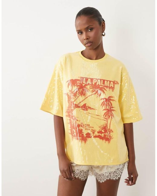 ASOS Natural Oversized Drop Sleeve T-Shirt With La Palma Graphic