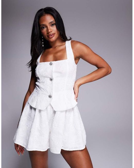 ASOS White Cotton Broderie Playsuit With Embellished Buttons