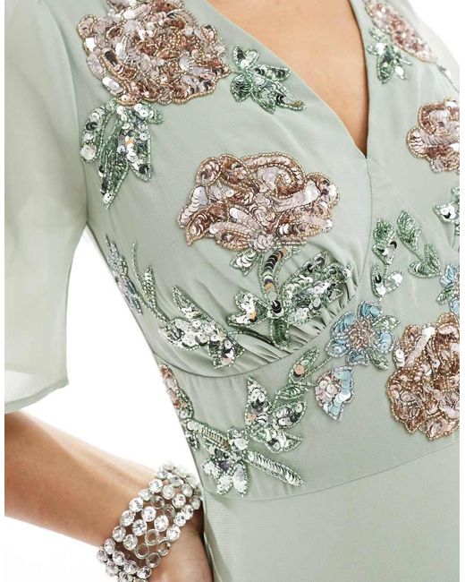 Maya Blue Floral Embellished Short Angel Sleeve Maxi Dress