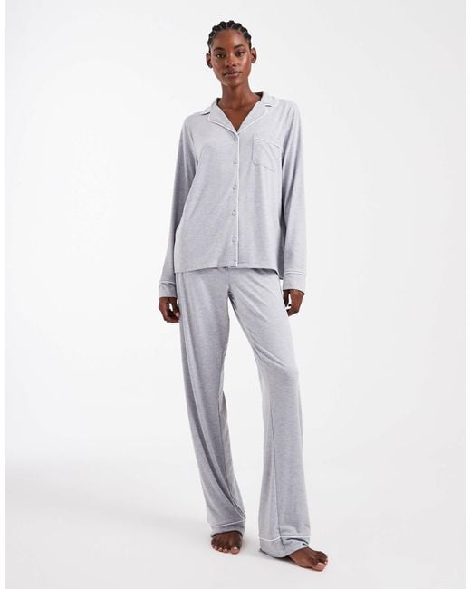 ASOS White Asos Design Tall Super Soft Long Sleeve Shirt & Pants Pajama Set With Contrast Piping