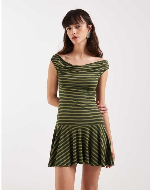 Motel Green Mausari Off-shoulder Floaty Mini Dress