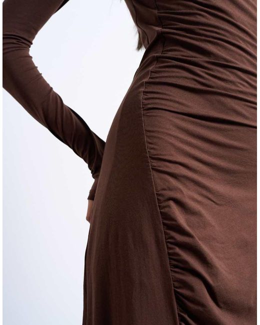 TOPSHOP Brown Long Sleeve Ruched Maxi Dress