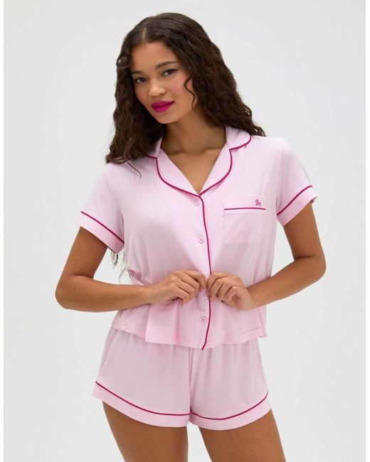 Boux Avenue Pink Soft Modal Short Pyjama Set With Contrast Piping Detail