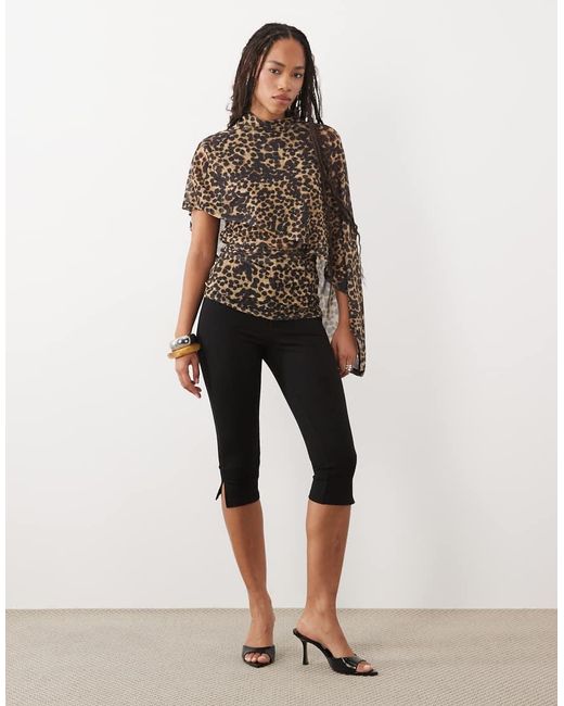 ASOS Brown Sheer Mesh Asymmetric Cape Shoulder Top