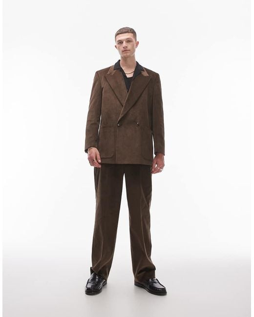 Topman Brown Oversized Double Breasted Cord Suit Jacket for men
