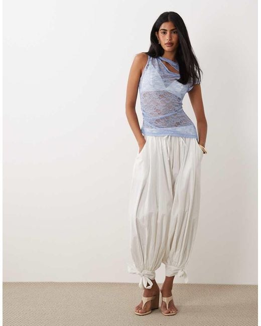 ASOS Blue Lace Asymmetrical Top With Twist Neck And Cap Sleeve
