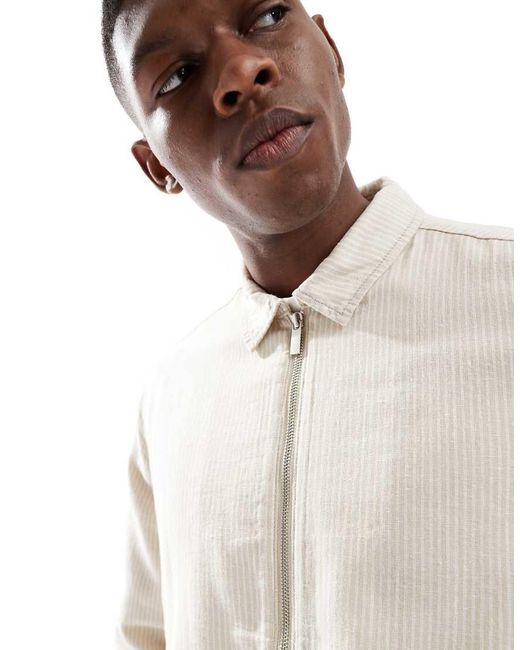 New Look Natural Linen Blend Striped Harrington Jacket for men