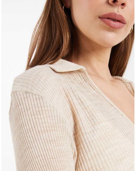 ASOS Natural Sheer Ribbed Collared Long Sleeve With V Neck Top