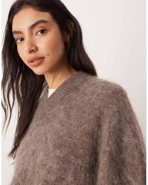 ASOS Brown Premium Mohair Wide Sleeve Jumper With V Neck