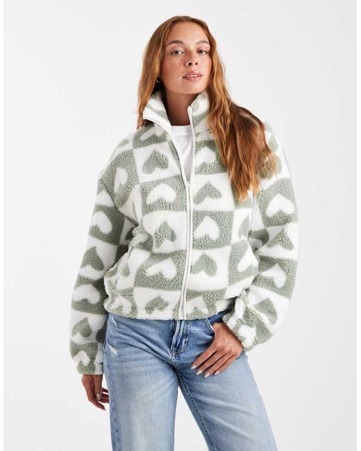 Brave Soul Green Heart Print Zip Through Sherpa Fleece