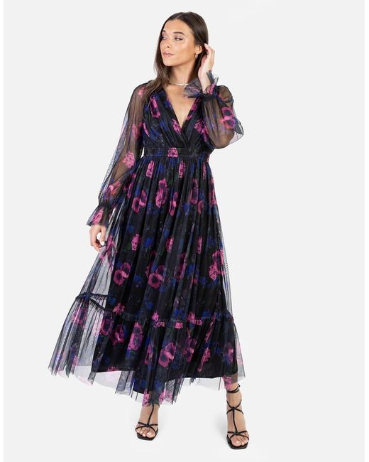 ANAYA Blue Floral Print Faux Wrap Long Sleeve Midaxi Dress