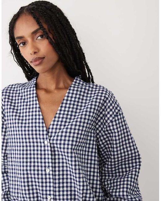ARKET Blue Seersucker Bubble Hem Blouse