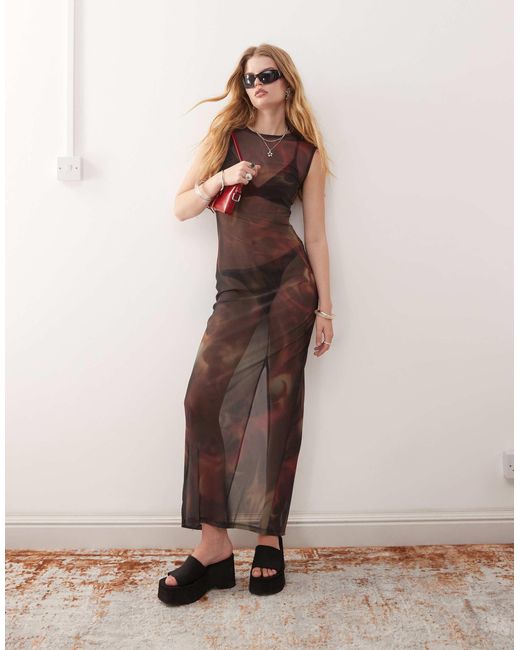 Weekday Black Printed Mesh Maxi Dress