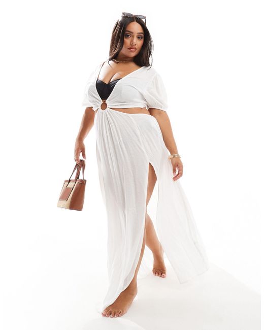 ASOS White Asos Design Curve Puff Sleeve Cut Out Maxi Beach Dress With Ring Detail