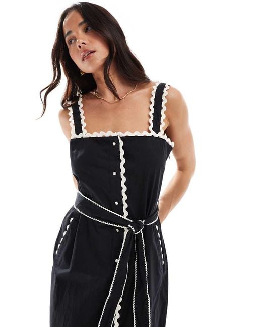 French Connection Black Cambria Cotton Ricrac Midi Dress
