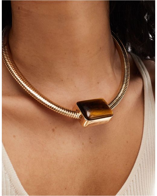 ASOS Black Necklace With Snake Chain Detail And Real Semi Precious Tigers Eye Stone