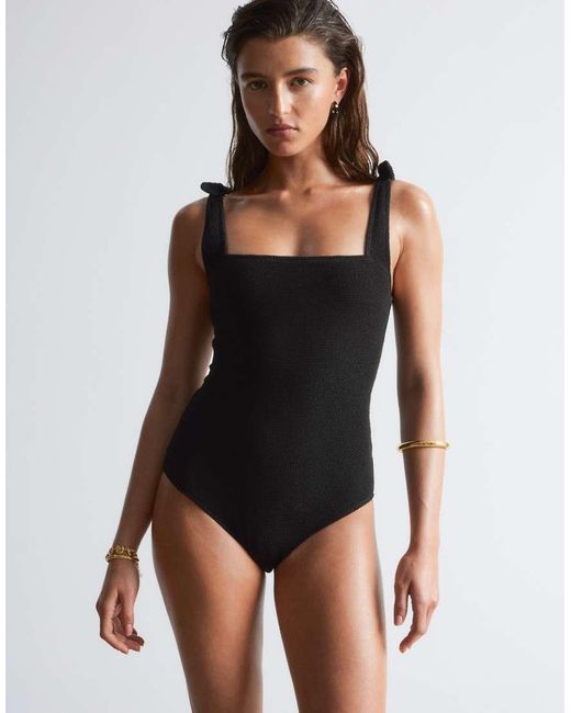 & Other Stories Black Crinkle Swimsuit With Knot Detail