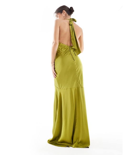 TFNC London Green Bridesmaids Cowl Halterneck Satin Maxi Dress
