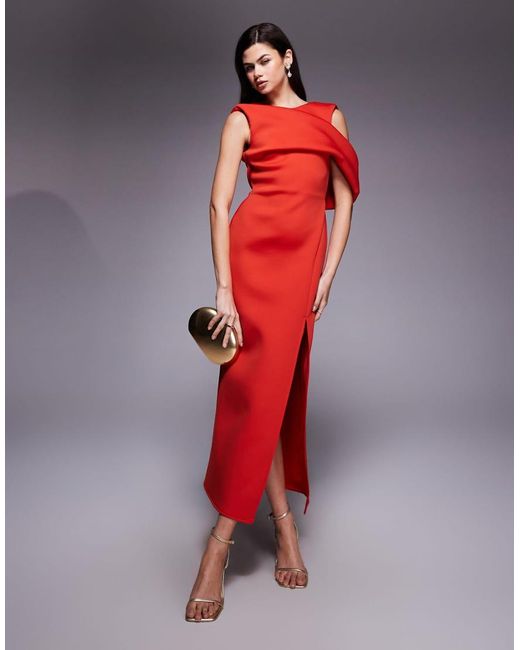 ASOS Red Drape Cut Out Shoulder Pencil Midi Dress