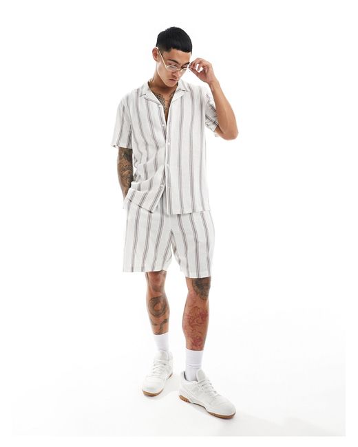 New Look White Short Sleeved Striped Linen Blend Shirt for men