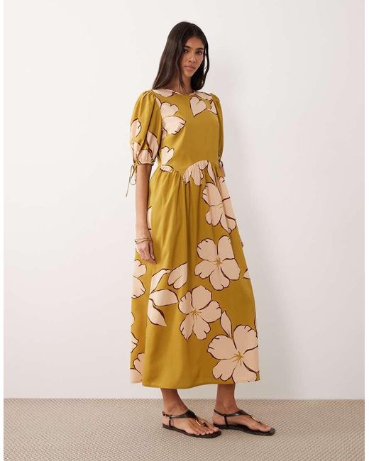 Wednesday's Girl Metallic Tie Sleeve Floral Midaxi Smock Dress