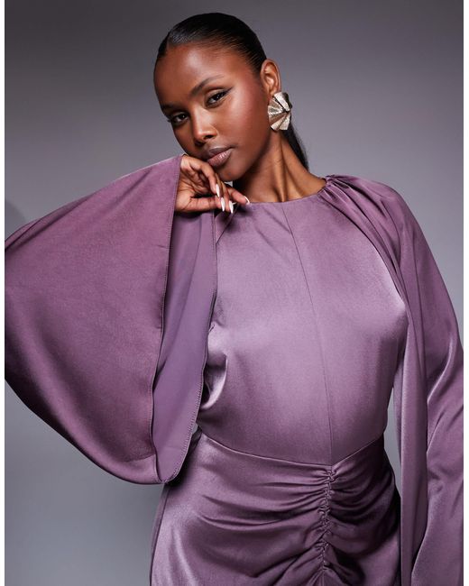 ASOS Purple Satin Long Sleeve Maxi Dress With Central Ruched Skirt