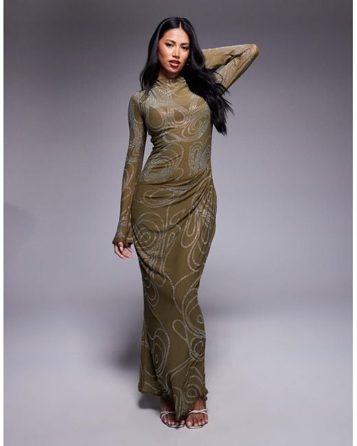 ASOS Green – langärmliges maxikleid mit verziertem artwork, hotfix-details und gerafftem rockteil