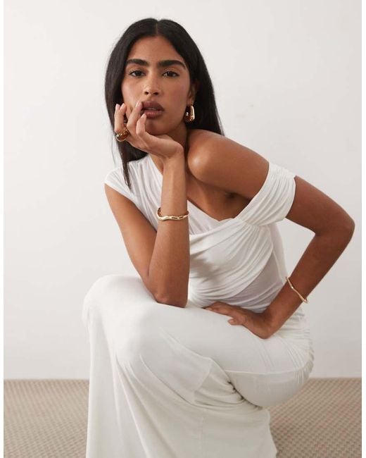 ASOS Natural Fallen Shoulder Mesh Sheer Panelled Maxi Dress