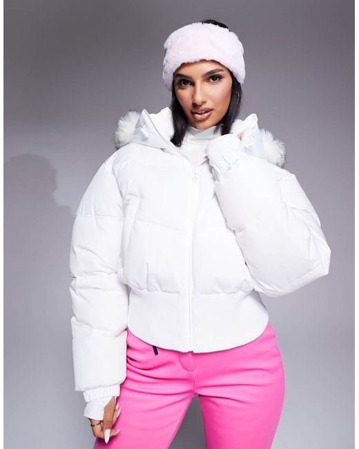 ASOS 4505 Ski & Snow White 4505 Ski Cropped Insulated Ski Bomber Jacket With Faux Fur Hood