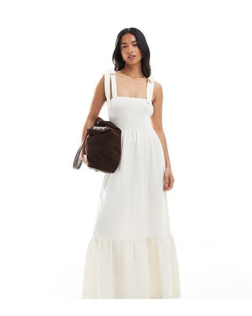 Miss Selfridge White Seersucker Tie Shoulder Tiered Maxi Dress