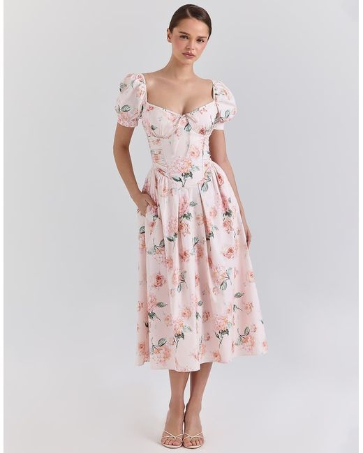House Of Cb Pink Lulabell Cotton Puff Sleeve Midi Dress
