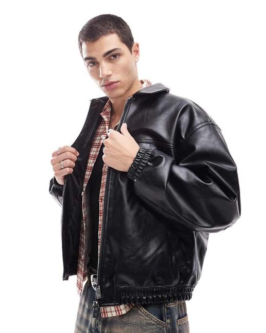 Bershka Black Faux Leather Washed Bomber Jacket for men