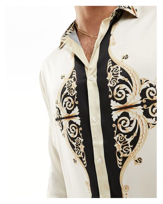 ASOS White Relaxed Satin Shirt With Baroque Border Print - Part Of A Set for men