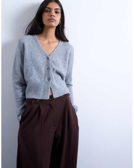TOPSHOP Blue Knitted Cardigan With Shoulder Pads