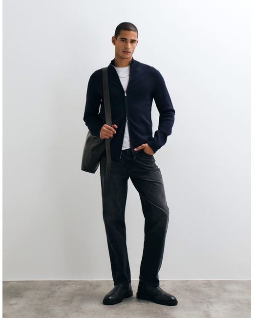 Threadbare Blue Zip Up Knit Cardigan for men