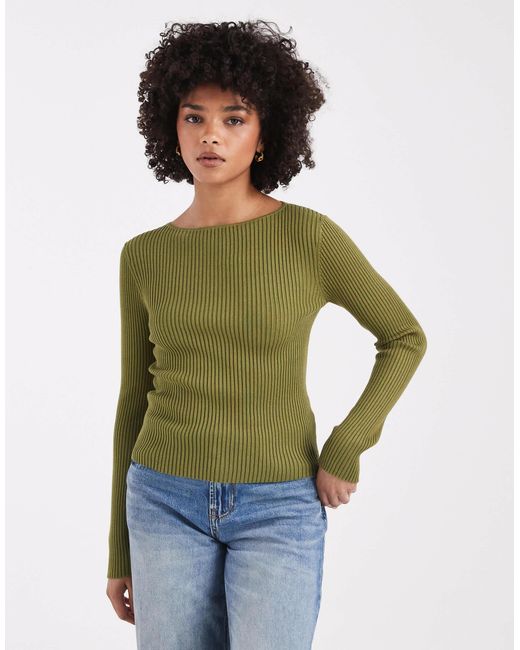 Top en maille côtelée à manches longues et encolure bateau - olive Miss Selfridge en coloris Green