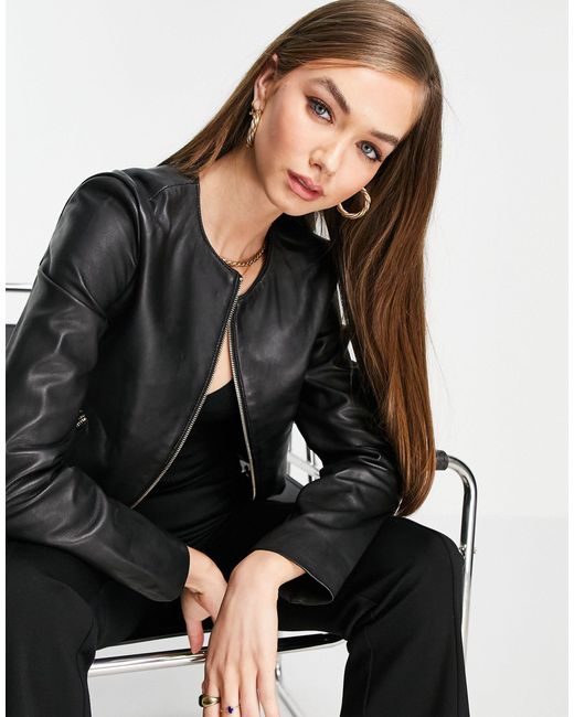 Mango Black Collarless Leather Jacket