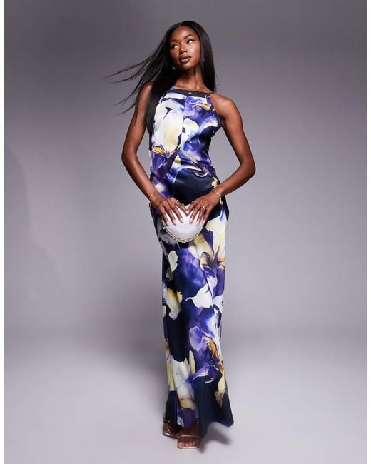 ASOS Blue – hochgeschlossenes maxikleid aus satin-chiffon-mix