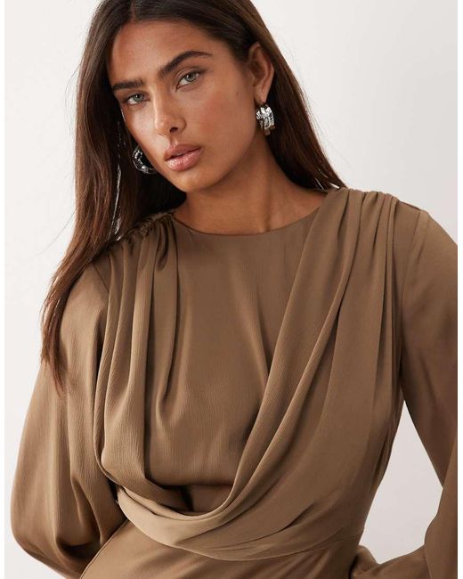ASOS Natural Flute Sleeve Draped Maxi Dress